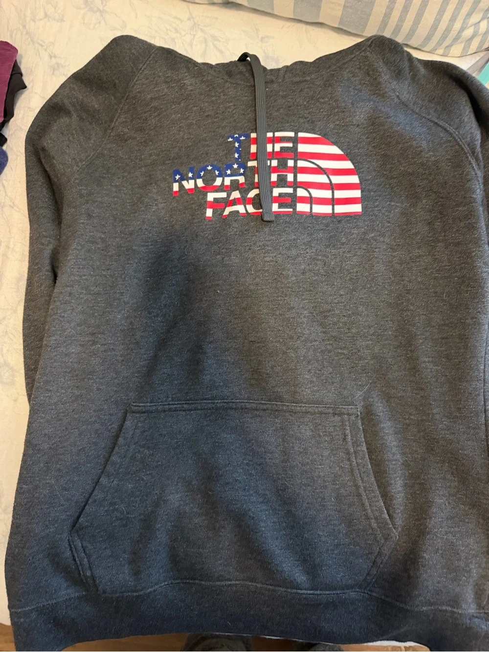 The North Face Men's Charcoal Gray Crewneck Hoodie with American Flag Logo